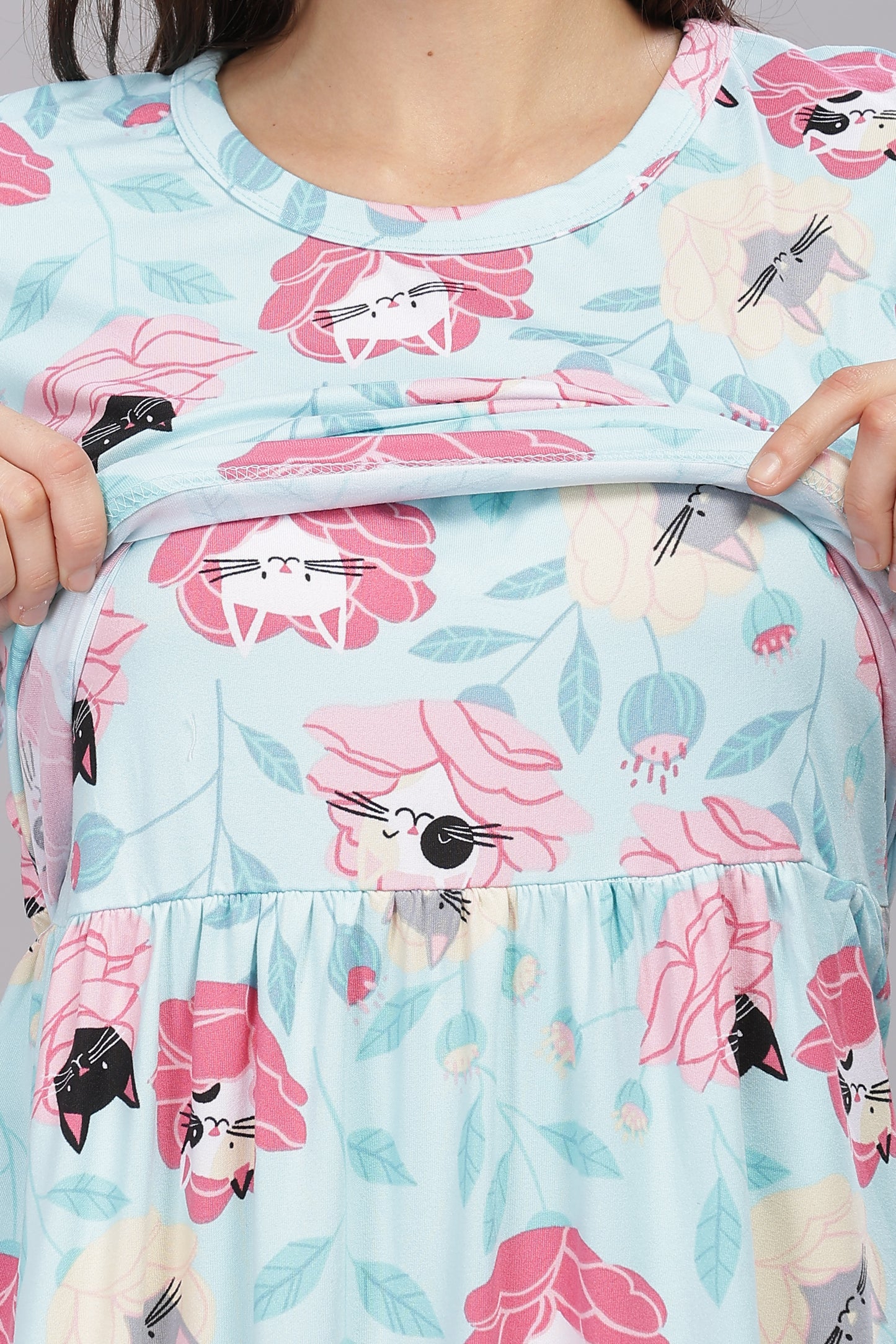 ZIPLESS MATERNITY WEAR PUFFSLEEVE - MEOW BLOSSOM ELEGANCE