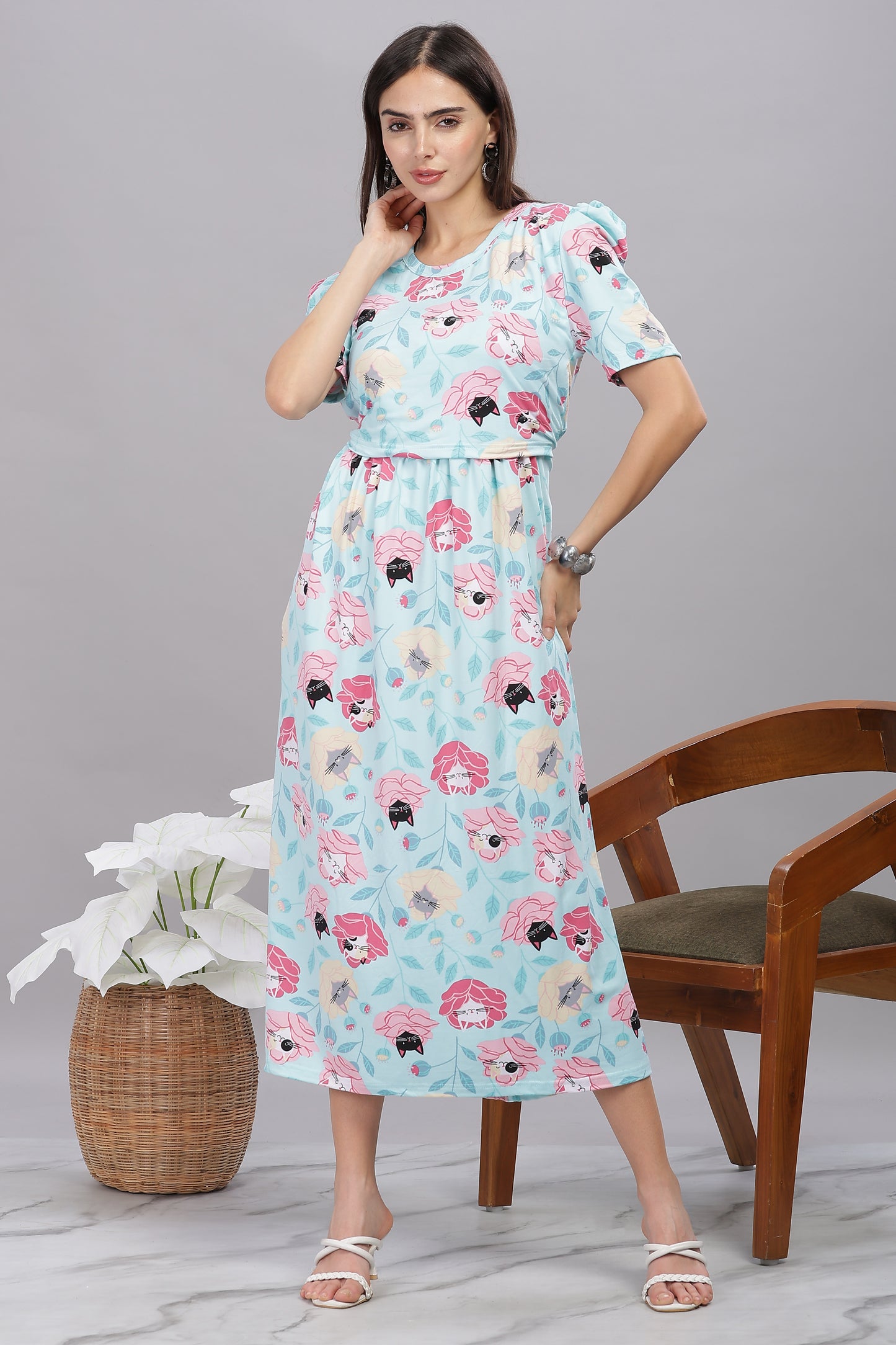 ZIPLESS MATERNITY WEAR PUFFSLEEVE - MEOW BLOSSOM ELEGANCE