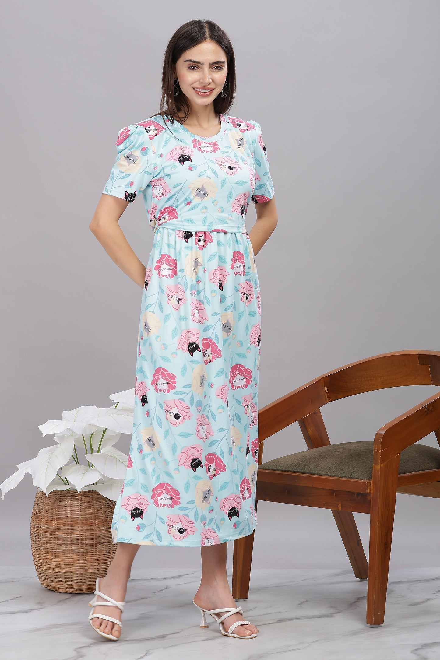 ZIPLESS MATERNITY WEAR PUFFSLEEVE - MEOW BLOSSOM ELEGANCE