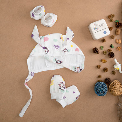 MUSLIN-CAP-MITTEN-BOOTIES-WHIMSICAL UNICORNS