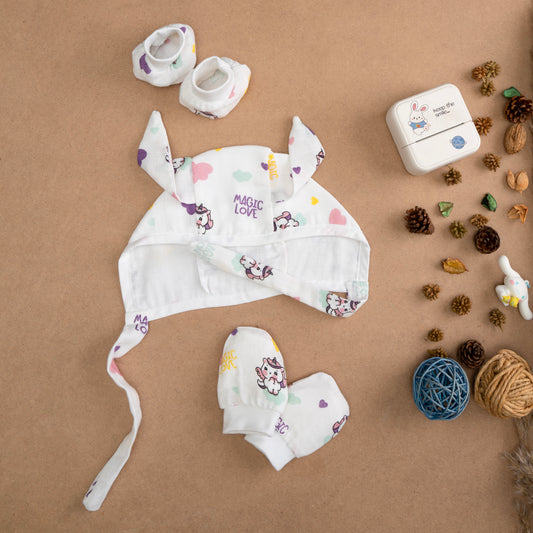MUSLIN-CAP-MITTEN-BOOTIES-WHIMSICAL UNICORNS