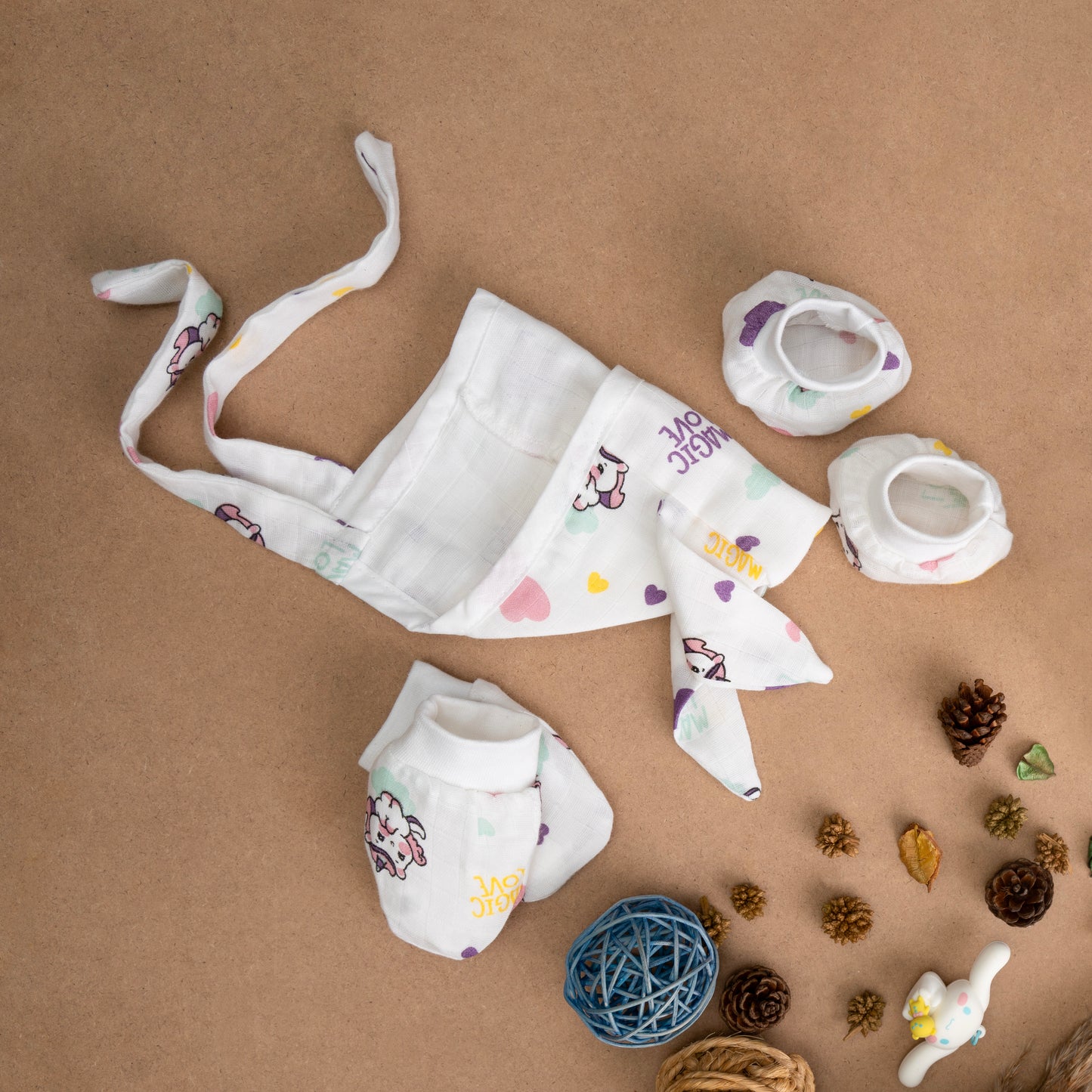 MUSLIN-CAP-MITTEN-BOOTIES-WHIMSICAL UNICORNS