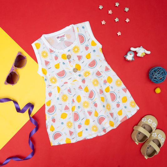 BAMBOO + ORGANIC - MUSLIN - FROCK SLEEVELESS - FRUIT FRENZY