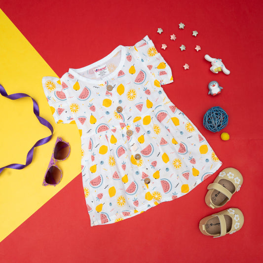 BAMBOO + ORGANIC - MUSLIN - FROCK FRILLED - FRUIT FRENZY