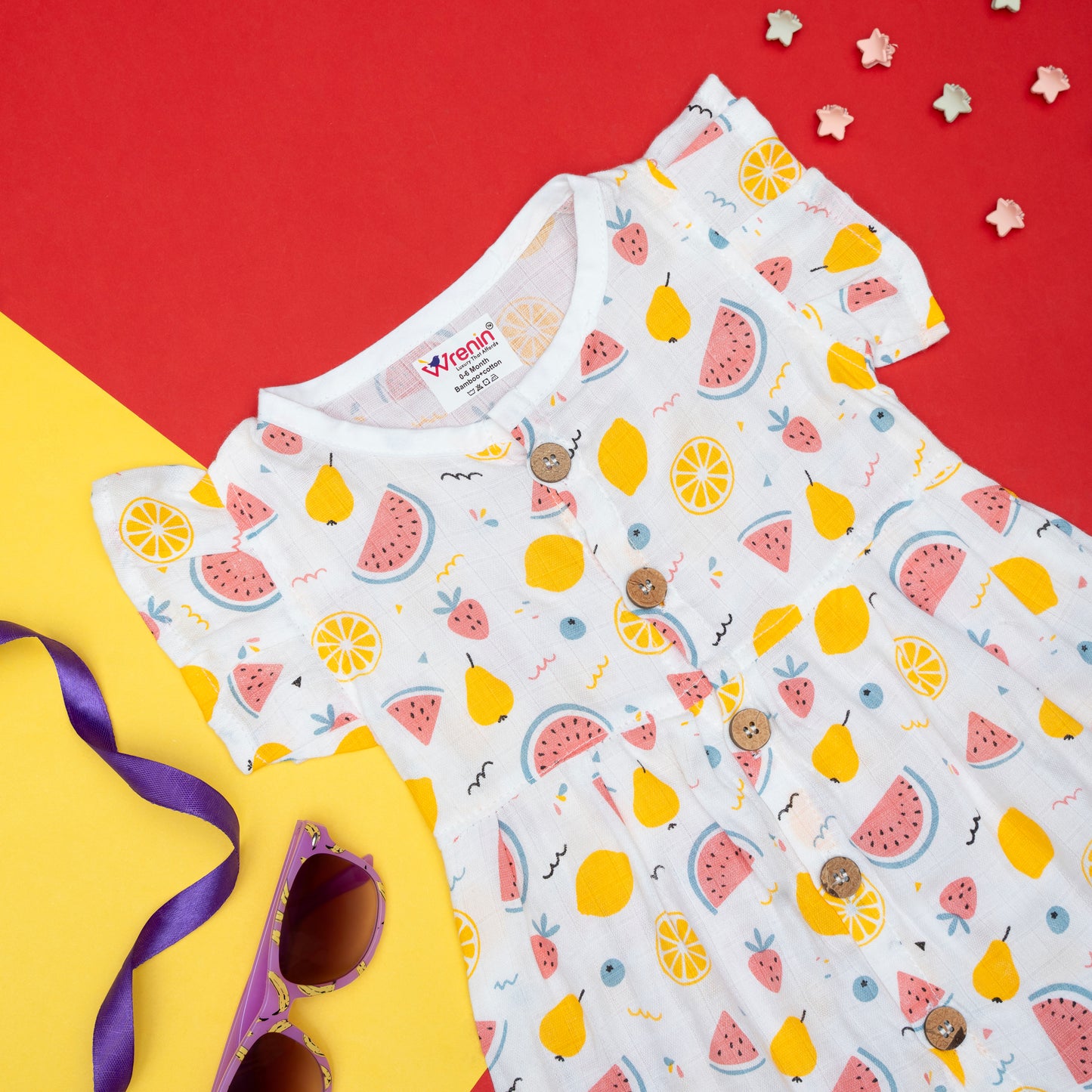 BAMBOO + ORGANIC - MUSLIN - FROCK FRILLED - FRUIT FRENZY