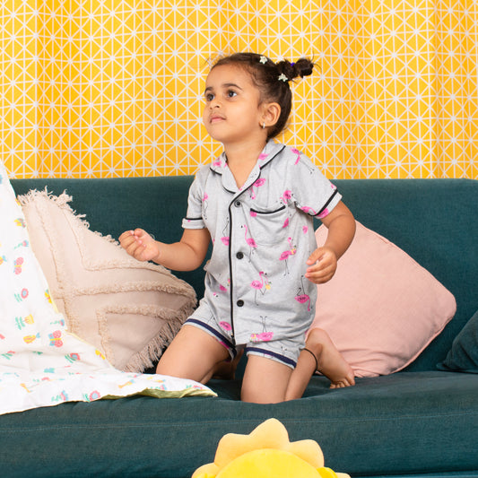 KIDS NIGHT SUITS TOP & SHORTS - DEWY FLAMINGO