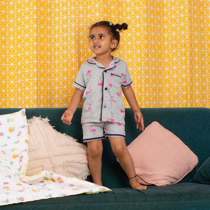 KIDS NIGHT SUITS TOP & SHORTS - DEWY FLAMINGO