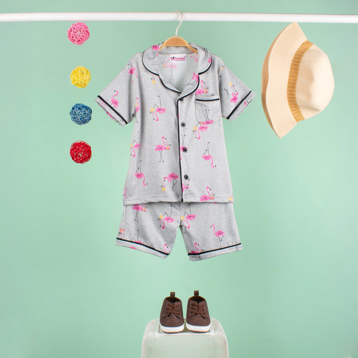 KIDS NIGHT SUITS TOP & SHORTS - DEWY FLAMINGO