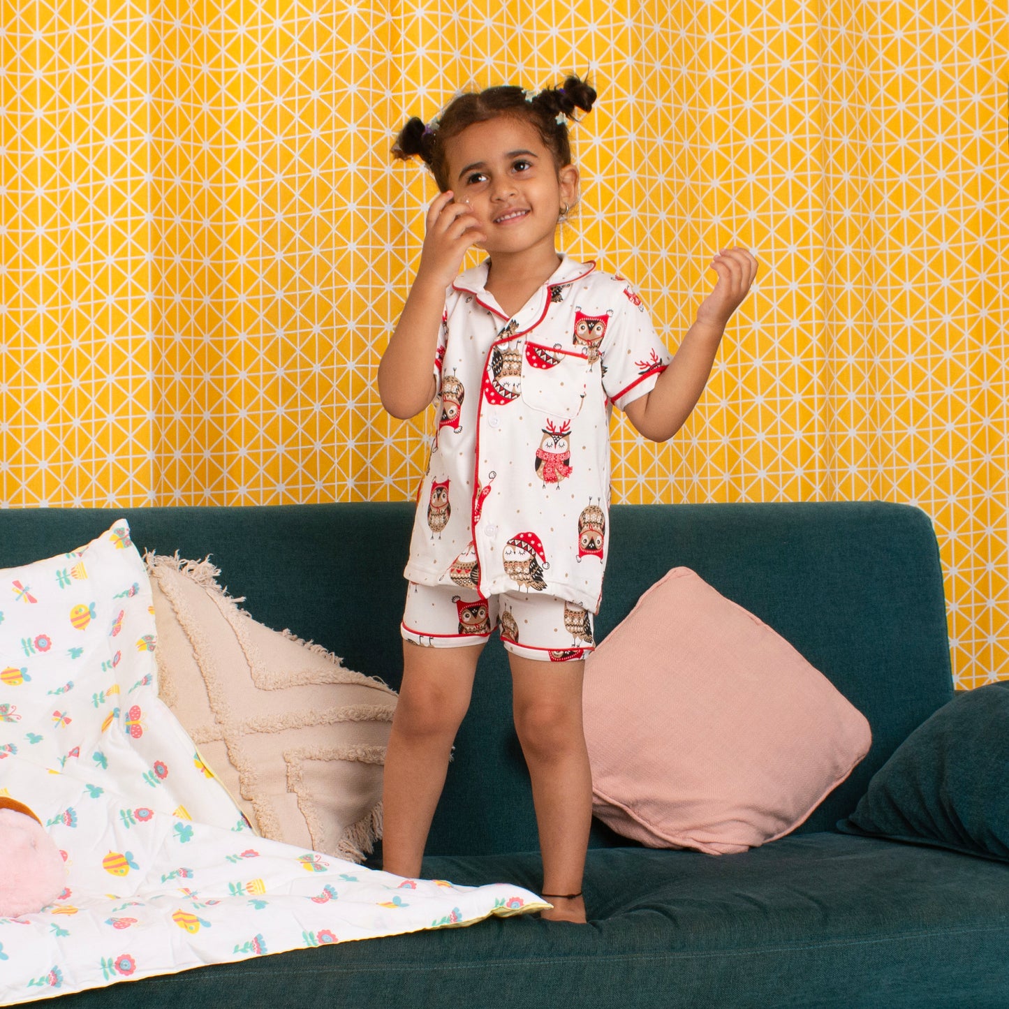 KIDS NIGHT SUITS TOP & SHORTS - SNOWY SNUGGLE OWLS