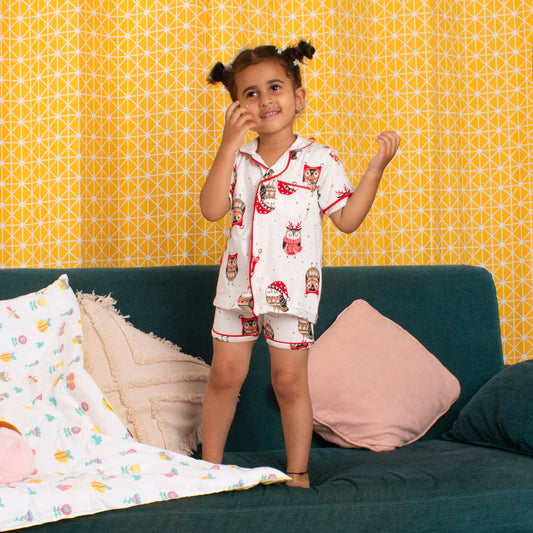 KIDS NIGHT SUITS TOP & SHORTS - SNOWY SNUGGLE OWLS