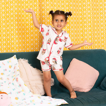 KIDS NIGHT SUITS TOP & SHORTS - SNOWY SNUGGLE OWLS