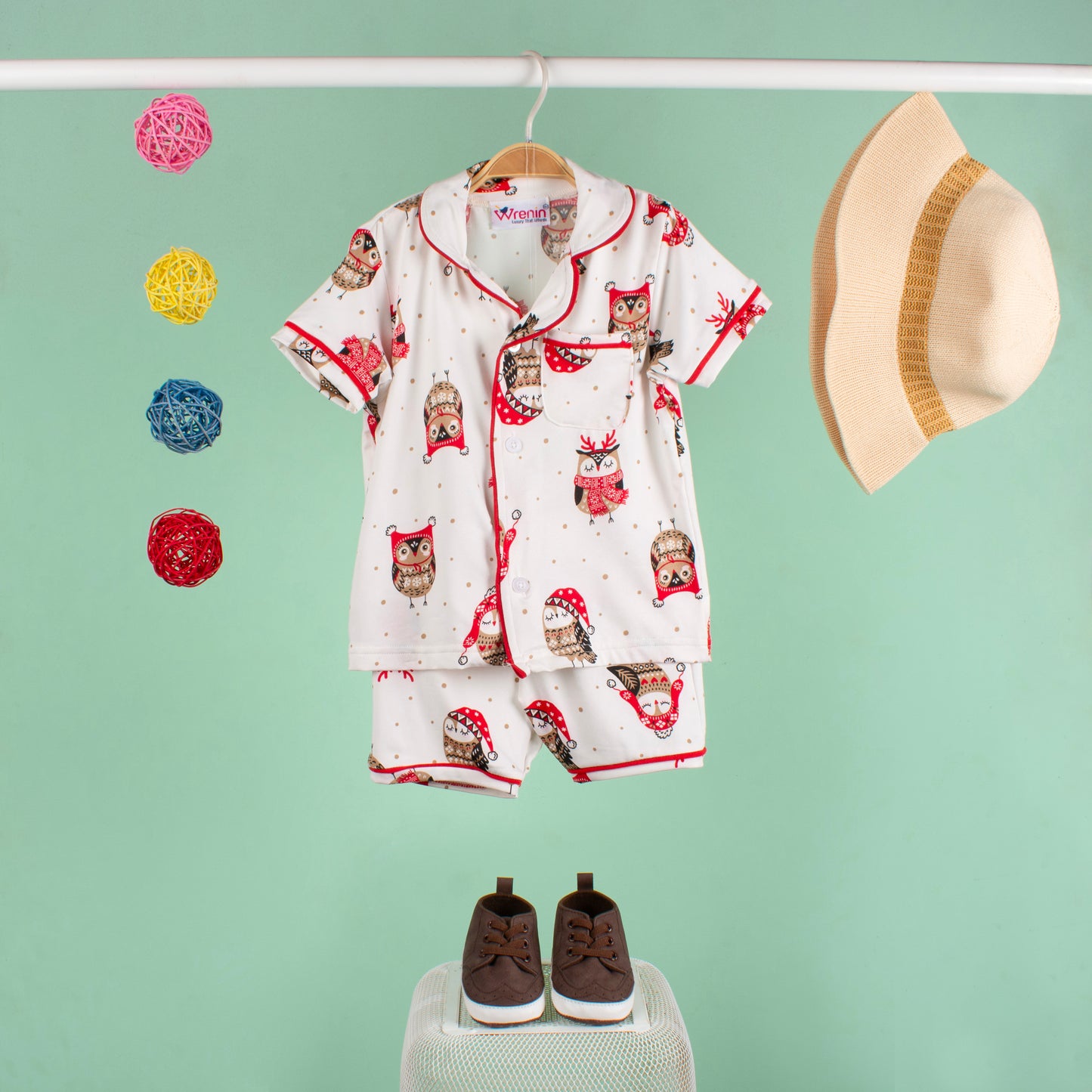 KIDS NIGHT SUITS TOP & SHORTS - SNOWY SNUGGLE OWLS