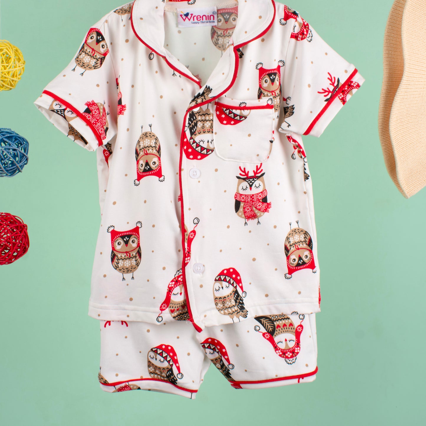 KIDS NIGHT SUITS TOP & SHORTS - SNOWY SNUGGLE OWLS
