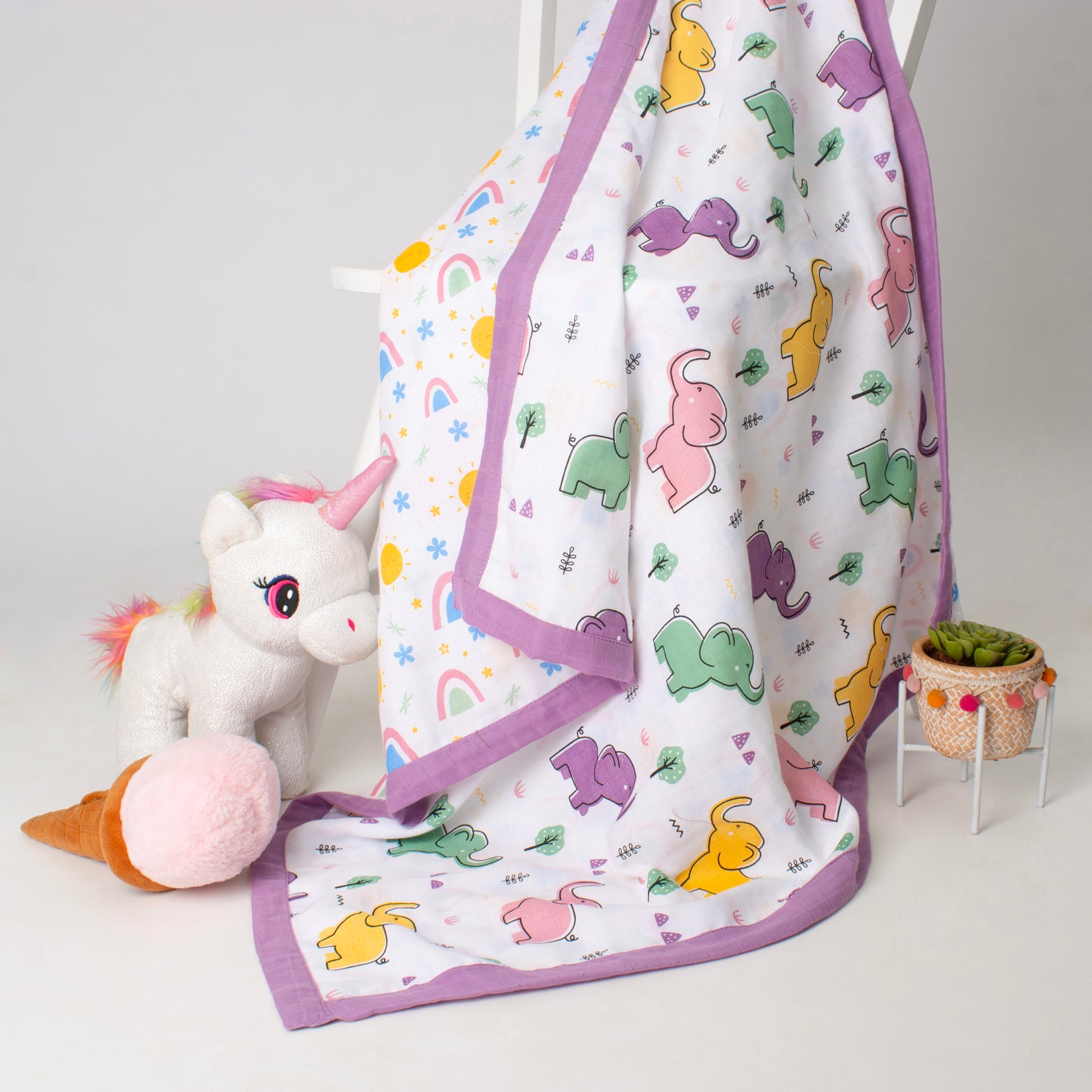 Muslin Two Sided Border Blanket - Daisy & Sunshine Delight & Happy Tuskers