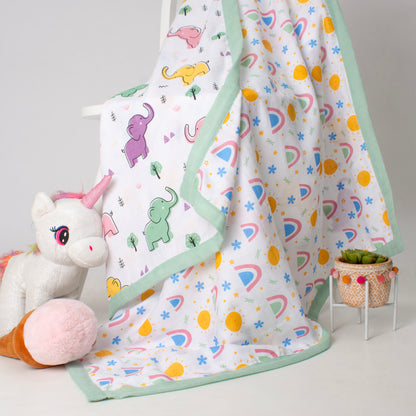 Muslin Two Sided Border Blanket - Daisy & Sunshine Delight & Happy Tuskers