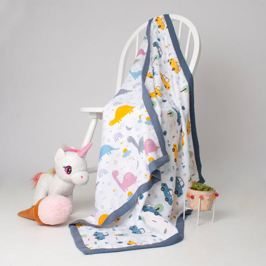 Muslin Two Sided Border Blanket  - Starlit Dino Dreams & Vroom Vibes