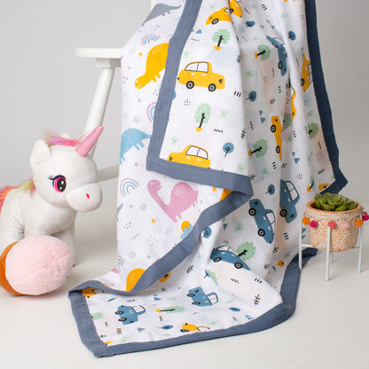 Muslin Two Sided Border Blanket  - Starlit Dino Dreams & Vroom Vibes