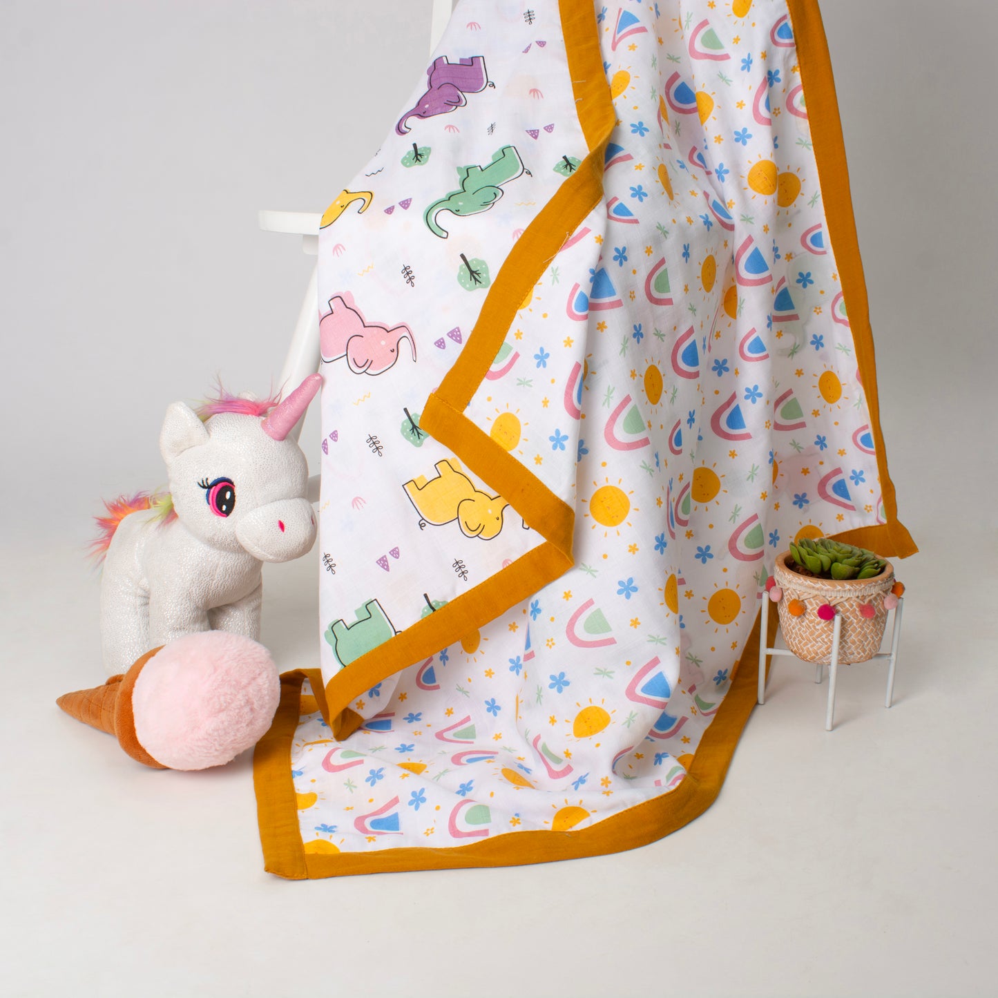 Muslin Two Sided Border Blanket - Daisy & Sunshine Delight & Happy Tuskers