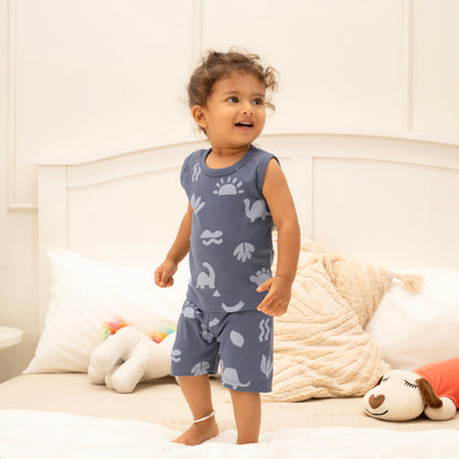 Coords Sleeveless 100% cotton cotton ribbed knit Cloud soft series - Blue Land Of Dinos