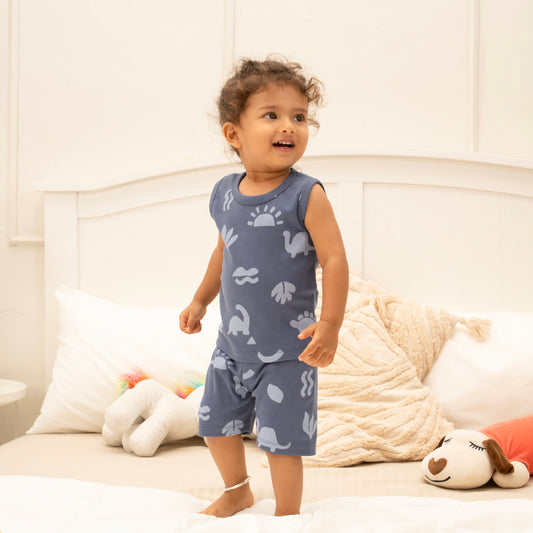 Coords Sleeveless 100% cotton cotton ribbed knit Cloud soft series - Blue Land Of Dinos
