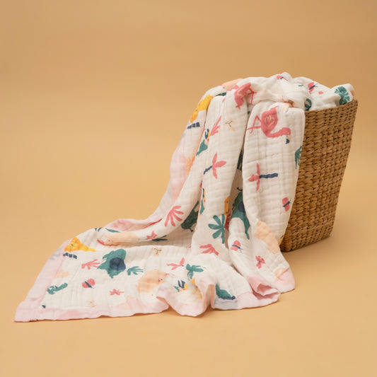 CRINKLE BLANKET | 6 LAYERS | ORGANIC MUSLIN | FLAMINGO SAFARI