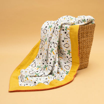 BORDER BLANKET | ORGANIC MUSLIN | GOTS CERTIFIED | 4 LAYER |100*100 |WOODLAND LUXE - FROSTY OASIS