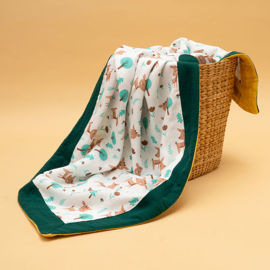 BORDER BLANKET | ORGANIC MUSLIN | GOTS CERTIFIED | 4 LAYER |100*100 |WOODLAND LUXE - FROSTY OASIS