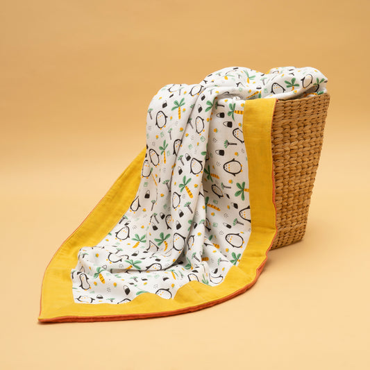 BORDER BLANKET | ORGANIC MUSLIN | GOTS CERTIFIED |4 LAYERS |100*100 | FROSTY OASIS - DREAMY TRUMPET