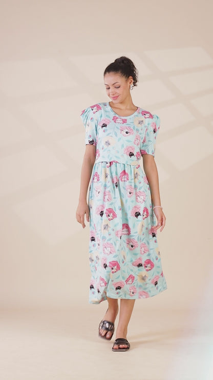 ZIPLESS MATERNITY WEAR PUFFSLEEVE - MEOW BLOSSOM ELEGANCE